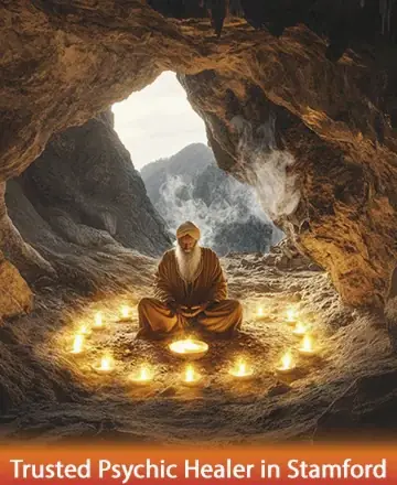 In a tranquil cave illuminated by gentle candlelight, a serene figure sits in quiet meditation, radiating warmth and wisdom. The peaceful surroundings invite you to pause and reflect, offering a haven of trust and support. Trusted psychic healer in Stamford.