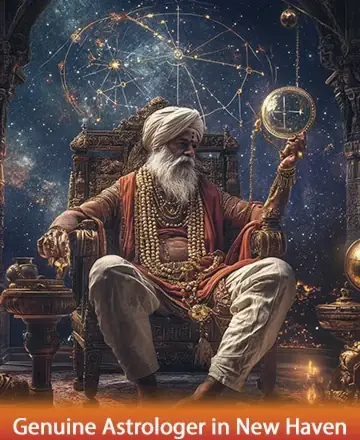 Seated in serene majesty, the wise sage radiates timeless wisdom, surrounded by celestial symbols that dance like gentle whispers of the universe. His presence exudes tranquility, offering a deep sense of peace and guidance. Genuine astrologer in New Haven.