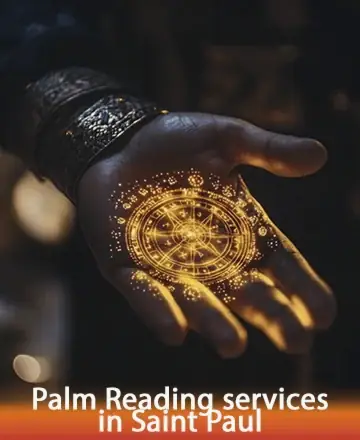 A hand with detailed, glowing, golden symbols and intricate patterns on the palm, against a dark, blurred background. Text at the bottom reads 