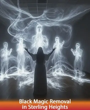 In a serene embrace of ethereal light, a figure stands gracefully, reaching toward gentle, swirling energies. The room is filled with a sacred calm, inviting peace and spiritual connection. This moment whispers of transformation and healing. Black magic removal in Sterling Heights.