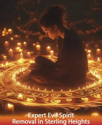 In the serene glow of countless candles, a figure sits in tranquil meditation, surrounded by intricate patterns that whisper ancient wisdom and peace. The atmosphere is filled with warmth and a gentle assurance that all is well. Expert evil spirit removal in Sterling Heights.