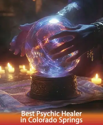 A person with outstretched hands hovers over a glowing crystal ball surrounded by lit candles, creating a mystical atmosphere. The crystal ball sits on a decorative stand placed on a patterned cloth. The image features text at the bottom that reads, 