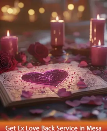 In a serene ambiance adorned with glowing candles and delicate rose petals, a shimmering heart rests gently on an open book, inviting calm and reflection. This tranquil setting whispers of love and rekindled connections. Ex love back service in Mesa.