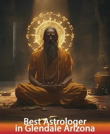 In the serene glow of warm light, a wise guru sits in tranquil meditation, exuding peace and ancient wisdom. The atmosphere is filled with a gentle energy, inviting you to find solace and clarity. Spiritual guidance in Glendale Arizona.