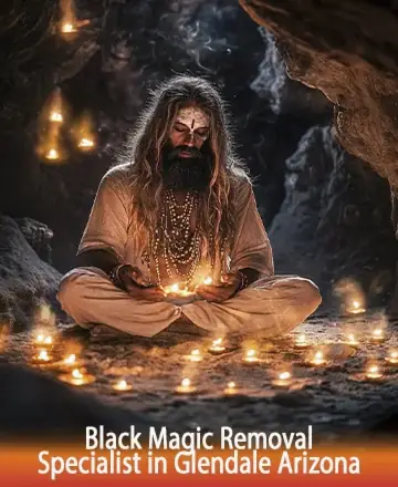 In a serene cave, bathed in the gentle glow of candlelight, a wise figure sits in tranquil meditation. The atmosphere is imbued with a profound sense of peace and spiritual clarity, inviting you to explore deeper realms of understanding. Black magic removal in Glendale Arizona.