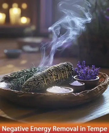 In a serene setting, gentle wisps of incense smoke rise, mingling with the calming presence of lavender and rosemary. The soft glow of candlelight adds warmth, inviting tranquility and peace. Embrace the soothing journey to harmony and renewal. Negative energy removal in Tempe.