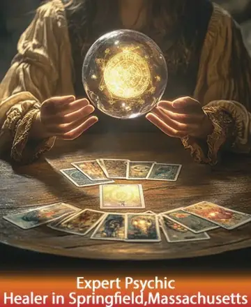 In a serene and softly lit space, gentle hands cradle a glowing orb, casting a warm and inviting light over a beautifully arranged set of tarot cards. This scene exudes a sense of peace, wisdom, and profound guidance. Psychic reading in Springfield, Massachusetts.