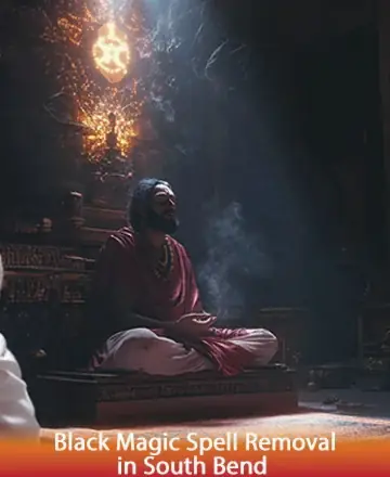 In a serene sanctuary bathed in gentle light, a wise figure sits in tranquil meditation, enveloped by the calming essence of ancient wisdom. The atmosphere is filled with a sense of peace and profound understanding. Black magic spell removal in South Bend.