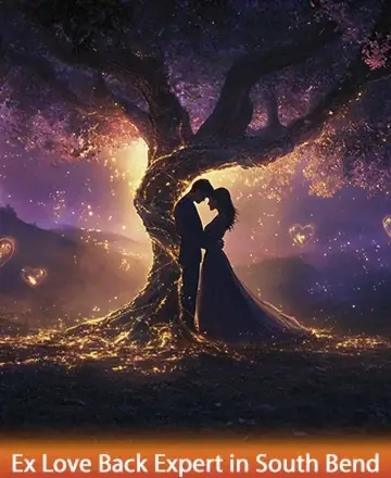 In a serene, enchanted landscape, two souls embrace under a majestic, glowing tree, their connection illuminated by soft, ethereal light. This tender moment of unity and love radiates warmth and tranquility, inviting peace and harmony into the heart. Ex love back expert in South Bend.