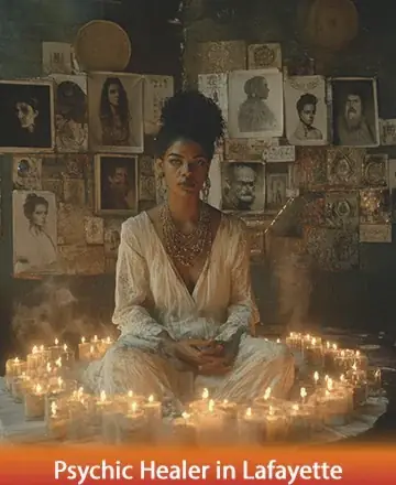 In a serene sanctuary, a calm presence sits amidst a gentle glow of candlelight, offering solace and wisdom. The surrounding images whisper stories of ancestral guidance, creating a tapestry of peace and connection. Psychic healer in Lafayette.