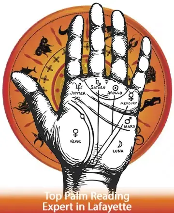 In a serene blend of celestial symbols and gentle guidance, the image invites you to explore the universe written in the lines of your hand. Each curve and intersection holds stories of destiny and wisdom, offering peace and clarity. Palm reading in Lafayette.
