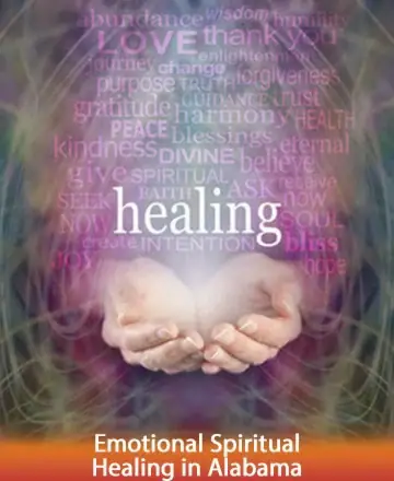 In a serene blend of gentle colors and comforting words, two hands cradle a glowing light, symbolizing the healing power of love and gratitude. This image radiates peace and hope, inviting a journey towards inner harmony and balance. Emotional spiritual healing in Alabama.