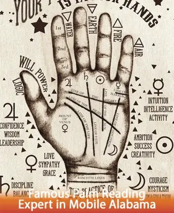 Discover a world where your future gently unfolds within the lines of your hand. Let the wisdom of the elements guide you towards a harmonious balance of intuition, courage, and love. Embrace your journey with confidence and grace. Palm reading in Mobile Alabama.