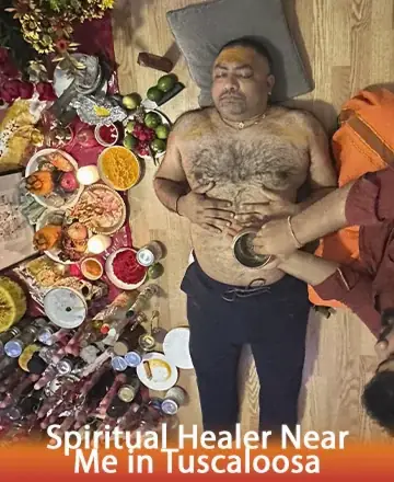 In a serene and sacred setting, a man lies with peaceful surrender, surrounded by vibrant offerings and gentle hands guiding energy with care. The atmosphere radiates warmth and tranquility, inviting a journey of inner healing and balance. Spiritual healer near me in Tuscaloosa.
