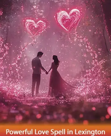 In a serene woodland bathed in gentle pink hues, two souls unite under enchanting, heart-shaped lights. Their connection radiates warmth and tranquility, embodying love's pure essence. This image invites you to embrace the magic of true connection. Powerful love spell in Lexington.
