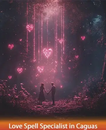 In the heart of an enchanting forest, two souls connect beneath a cascade of glowing hearts, illuminating the path of love and unity. This serene scene evokes a sense of warmth and profound harmony, guiding you gently on your journey. Love spell specialist in Caguas.