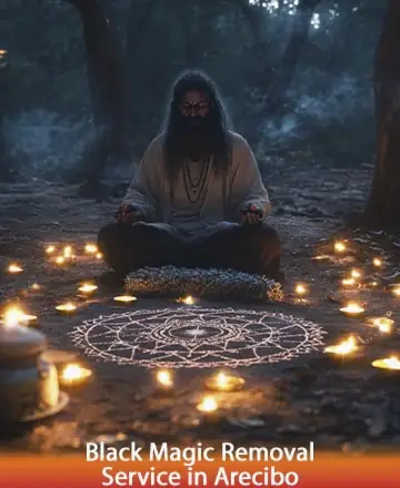 In a serene forest setting, a wise figure sits in deep meditation, surrounded by a gentle circle of glowing candles. This peaceful scene embodies tranquility and the soothing power of ancient wisdom, offering a sanctuary for the soul. Black magic removal service in Arecibo.