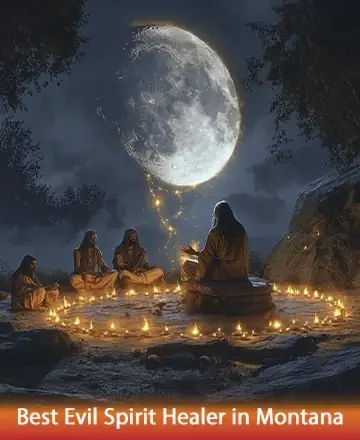 In the serene glow of the full moon, a circle of warmth and tranquility unfolds, where souls gather in gentle harmony. The flicker of candlelight dances softly, creating a sacred space for healing and connection. Best evil spirit healer in Montana.