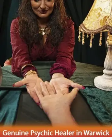 In the softly glowing ambiance, a serene guide offers her gentle wisdom, cradling your hand with warmth and empathy. Her presence radiates peace, inviting you into a space of trust and understanding. This is your path to healing and clarity. Genuine psychic healer in Warwick.