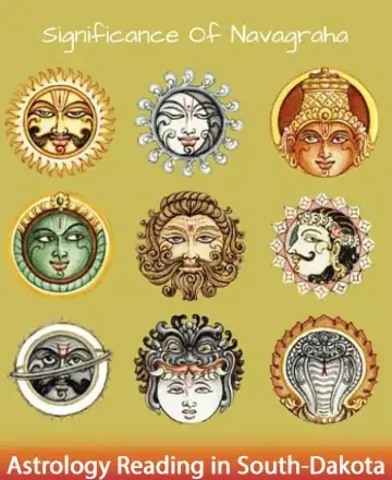 The image beautifully illustrates the Navagraha, the nine celestial deities in Vedic astrology, each radiating unique energy and wisdom. Their harmonious alignment can guide us through life's journey with serenity and insight. Discover the profound insights of astrology reading in South Dakota.