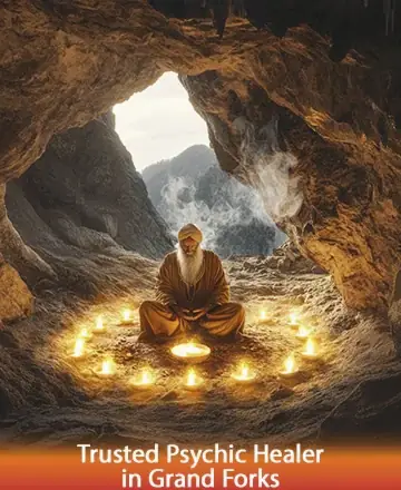In the serene embrace of a mountain cave, a wise figure sits in peaceful meditation, surrounded by a gentle circle of glowing candles. The warm light reflects a sense of calm and inner tranquility, inviting a journey within. Trusted psychic healer in Grand Forks.