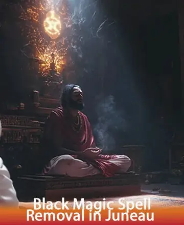 A person in robes meditates cross-legged in a dim room, with smoke rising around them. Warm, mystical light shines from above, casting an ethereal glow. Text at the bottom reads “Black Magic Spell Removal in Juneau.”