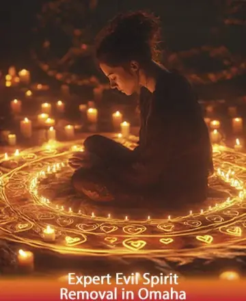 In a serene circle of warm, glowing candles, a figure sits in quiet contemplation, enveloped in a gentle aura of peace and protection. The soft light creates a sacred space, inviting calm and connection to the soul. Expert evil spirit removal in Omaha.