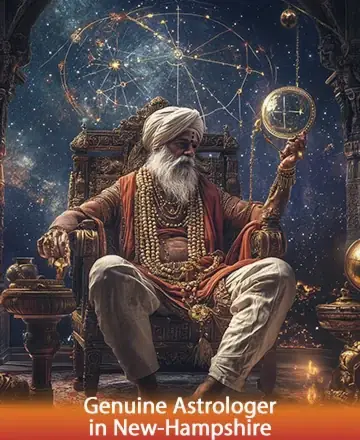 In a serene sanctuary of celestial wisdom, a wise sage sits enveloped in an aura of tranquility. His gentle gaze and flowing robes speak of timeless knowledge and peace. Stars swirl softly around, whispering secrets of the universe. Genuine astrologer in New Hampshire.