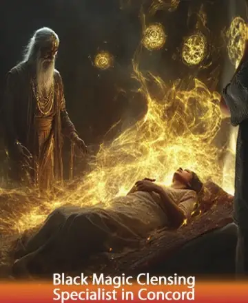 In a serene blend of golden light and gentle energy, a wise figure stands over a resting soul, offering a haven of tranquility and spiritual renewal. The scene whispers of ancient wisdom and heartfelt care, enveloping you in warmth and calm. Black magic cleansing in Concord.