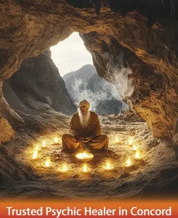 In a serene cave, a wise figure sits in tranquil meditation, encircled by the gentle glow of candles. The peaceful energy flows naturally, offering solace and insight to those seeking inner calm. Trusted psychic healer in Concord.