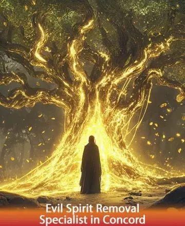 In the heart of an ancient, glowing forest, a serene figure stands beneath a majestic tree, radiating warmth and light. This peaceful scene invites you into a realm of tranquility and spiritual renewal. A gentle embrace for the soul. Evil spirit removal specialist in Concord.