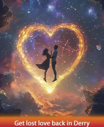 In a celestial dance beneath the stars, two souls find solace within a glowing heart, surrounded by the universe's gentle embrace. This ethereal moment whispers of connection and the timeless journey of love rekindled. Lost love spells in Derry.