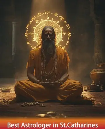 In the serene glow of sacred light, a wise sage sits in tranquil meditation, radiating warmth and inner peace. Surrounding him is an aura of wisdom and compassion, inviting a sense of calm and spiritual connection. Best astrologer in St. Catharines.