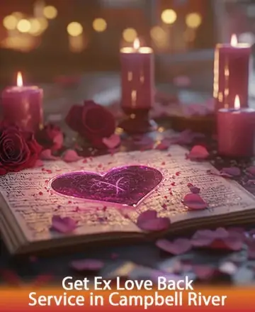In a serene setting illuminated by the warm glow of candles, delicate rose petals gently embrace an open book, symbolizing love and renewal. The scene radiates tranquility, inviting a sense of peace and connection. Exuding gentle hope, it whispers of rekindled bonds. Reuniting hearts in Campbell River.