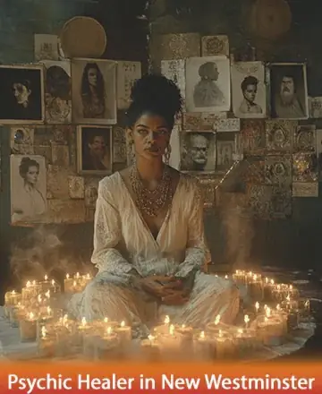 In a serene sanctuary adorned with gentle candlelight, a wise figure sits in quiet contemplation, surrounded by images of ancestral wisdom. The atmosphere is one of deep connection and gentle peace, inviting you to explore the whispers of the soul. Psychic healer in New Westminster.