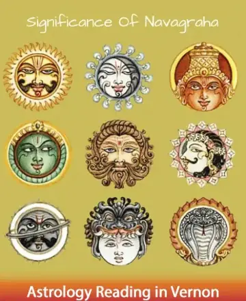 Discover the profound wisdom and serene balance of the Navagraha, beautifully illustrated in this harmonious image. Each celestial symbol offers a gateway to inner peace and universal understanding, guiding you gently on your spiritual journey. Astrology reading in Vernon.