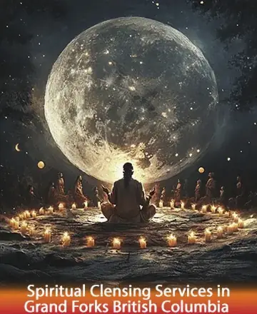 A person sits cross-legged on rocky ground, surrounded by lit candles in a circle, under a large, luminous full moon in a starry night sky. Spiritual ambiance with others in the background.