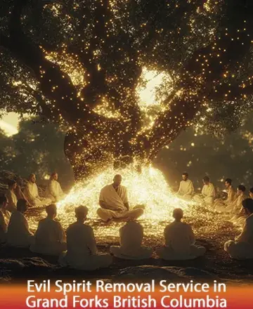 A group of people in white robes sits in a circle under a large tree, glowing with golden lights. The setting is mystical and serene, suggesting a spiritual gathering at dusk.