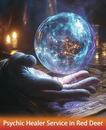 In the gentle glow of candlelight, a mystical crystal ball rests elegantly in a wise hand, radiating peace and ancient wisdom. This serene scene invites calm reflection and a deep sense of inner peace. Psychic healer service in Red Deer.