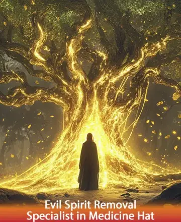 In a serene embrace of nature, a luminous tree radiates warmth and energy, enveloping a solitary figure in a golden glow. This tranquil scene invites a sense of deep peace and spiritual renewal. Evil spirit removal specialist in Medicine Hat.