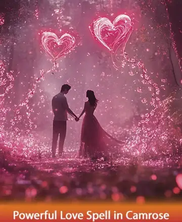 In a serene forest bathed in a gentle pink glow, two souls stand hand in hand, enveloped by the warm embrace of love's radiant energy. Heart-shaped lights dance around them, symbolizing deep connection and harmony. Powerful love spell in Camrose.