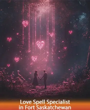 In a serene forest adorned with glowing hearts, two figures stand hand in hand, enveloped by a gentle aura of love and tranquility. The soft glow creates an atmosphere of warmth and connection, inviting a sense of peace and unity. Love spell specialist in Fort Saskatchewan.