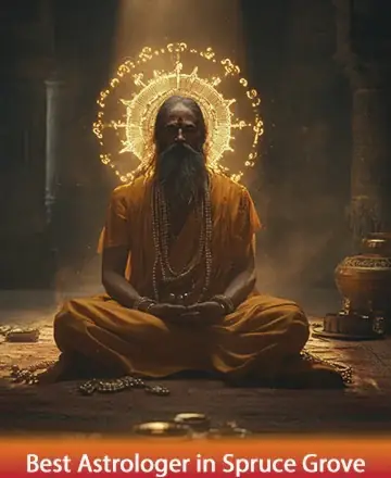 In a serene sanctuary bathed in golden light, a wise sage sits in tranquil meditation. His presence radiates peace and deep wisdom, offering a gentle embrace to the soul. Experience the profound connection of spiritual guidance. Best astrologer in Spruce Grove.