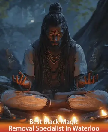 In the serene embrace of a mystical forest, a wise figure meditates, enveloped by the gentle glow of candlelight. His presence radiates calmness and profound wisdom, inviting a sense of inner peace and trust. Black magic removal in Waterloo.