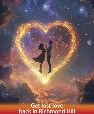 In a celestial dance of love and light, two souls unite within a heart-shaped embrace, surrounded by the vibrant tapestry of the universe. This ethereal scene whispers of connection and harmony, inviting peace and warmth into your life. Reconnect with lost love in Richmond Hill.