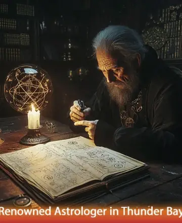 In a serene, softly lit room, a wise elder sits in quiet contemplation, surrounded by the warm glow of candlelight. His gentle focus on ancient texts evokes a deep sense of peace and timeless wisdom. Renowned astrologer in Thunder Bay.