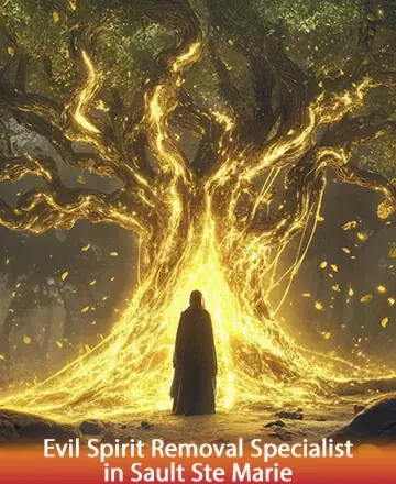 In the heart of an enchanted forest, a majestic tree glows with golden light, casting a serene, protective aura. A solitary figure stands, embraced by the warmth and wisdom of nature's embrace, promising peace and renewal. Evil spirit removal in Sault Ste Marie.