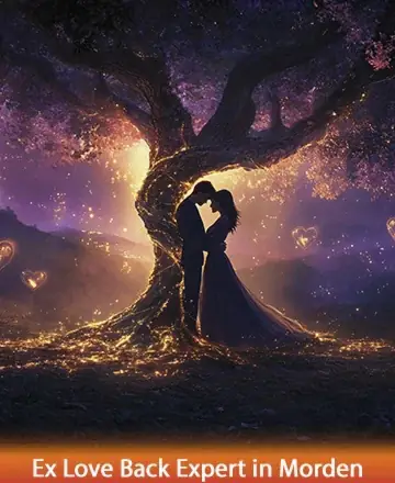 In the serene embrace of twilight, a couple stands tenderly intertwined beneath a majestic, glowing tree. Their silhouettes speak of connection and harmony, surrounded by a gentle aura of shimmering light, symbolizing love's eternal promise. Ex love back expert in Morden.