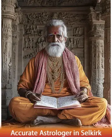 In the serene embrace of an ancient temple, a wise sage sits, wrapped in vibrant orange and pink robes, exuding a tranquil aura. With a gentle gaze and open book, he offers guidance and peace. Accurate astrologer in Selkirk.
