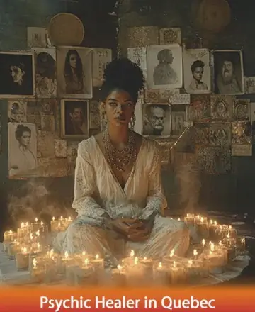 In a serene sanctuary, surrounded by the gentle glow of candlelight, a figure sits calmly, exuding peace and wisdom. The walls adorned with soulful portraits create a tapestry of history and spirit. This tranquil space invites deep reflection and healing energy. Psychic healer in Quebec.